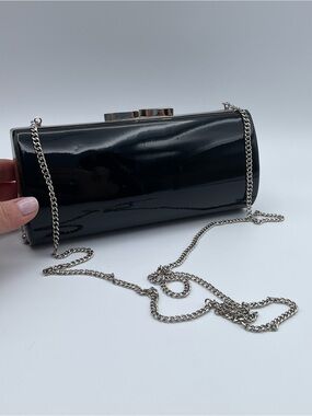 Nine West Black Patent Clutch Purse Silver Chain Strap Evening Bag